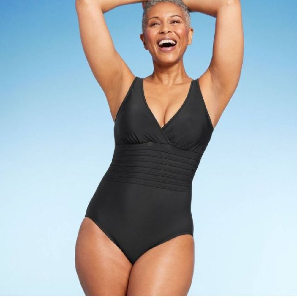 NEW Aqua Green One Piece Swimsuit, Flattering Waist V-Neck Black Swimwear, XL